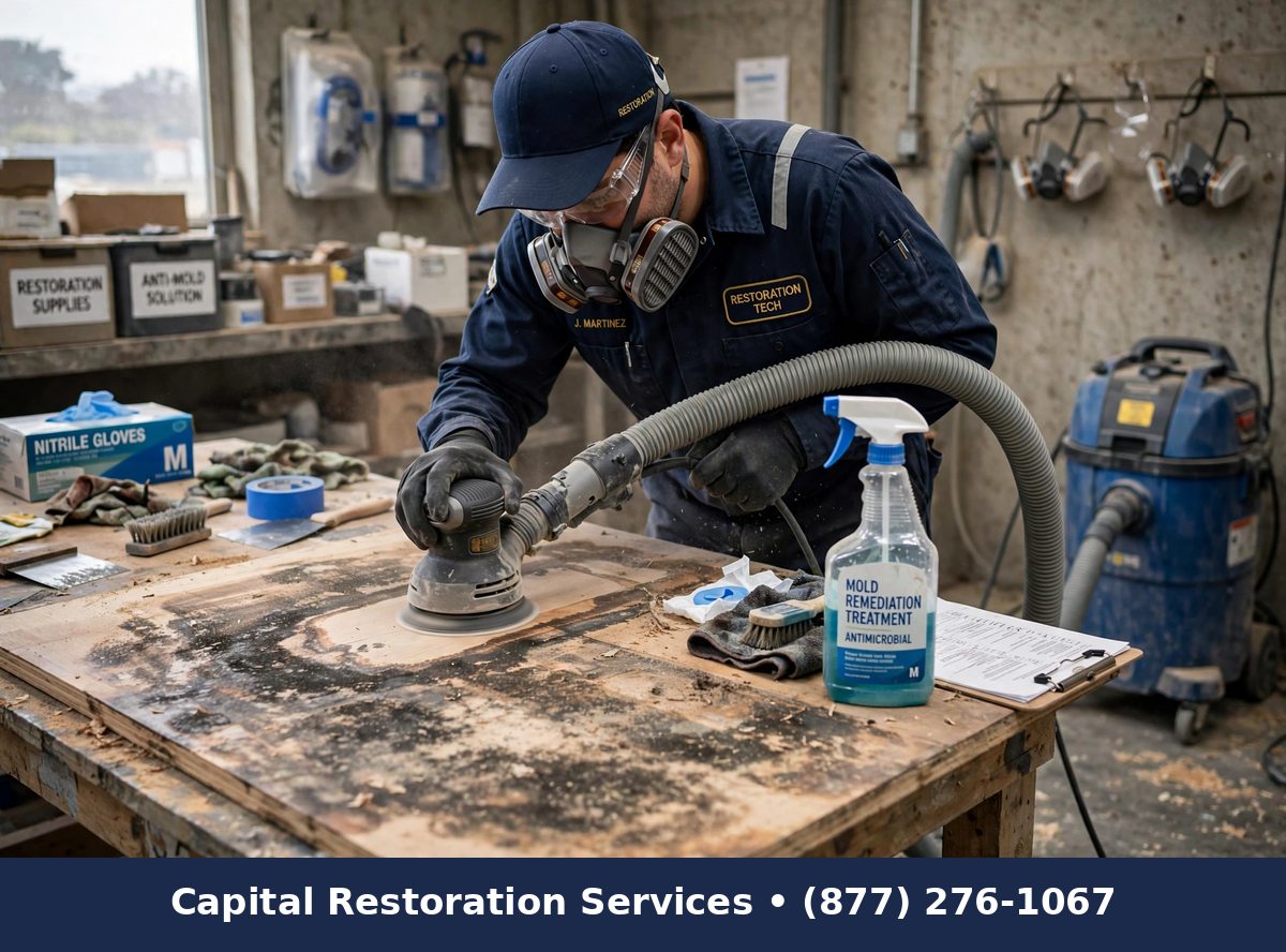 Mold stain removal and surface restoration on wood, Capital Restoration Services