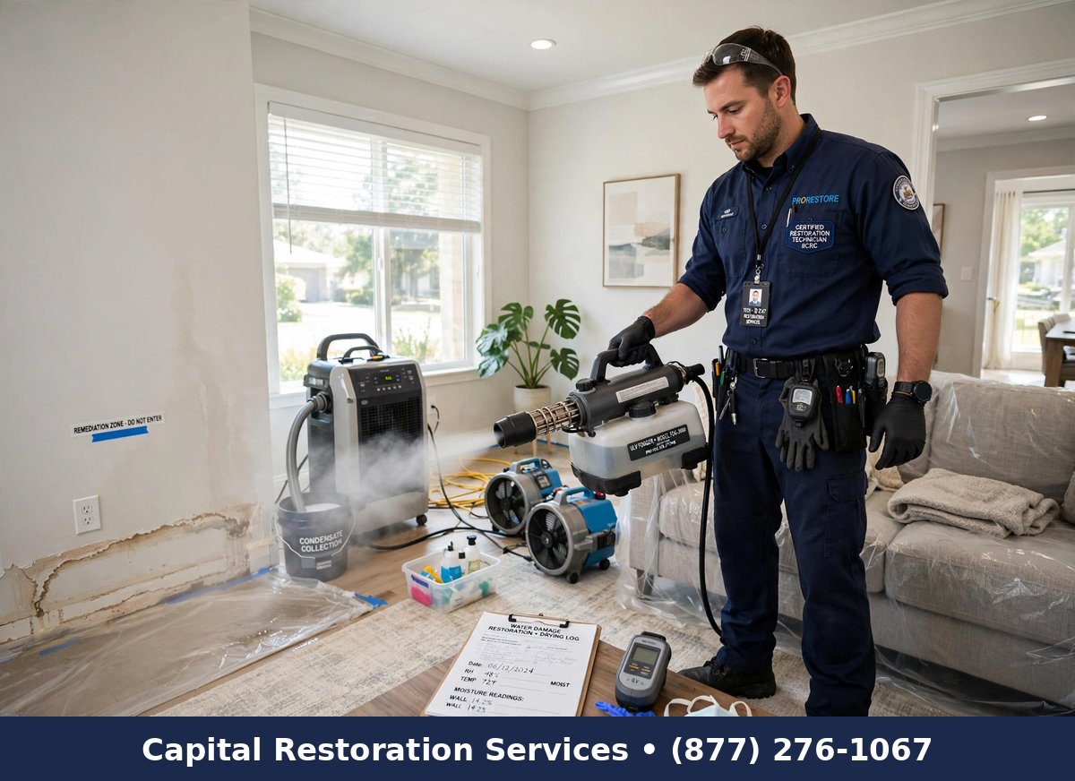 Technician deodorizing a home after water damage | odor removal water damage restoration