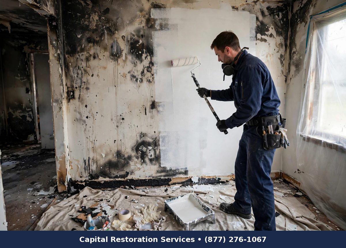 Technician rolling odor-sealing primer on a wall after fire smoke damage - Capital Restoration Services fire damage restoration