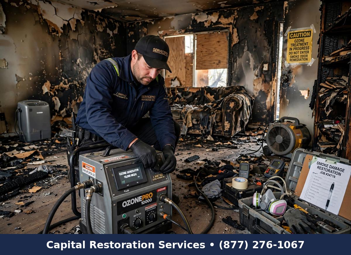 Technician setting up ozone treatment for smoke odor | ozone treatment for smoke odor