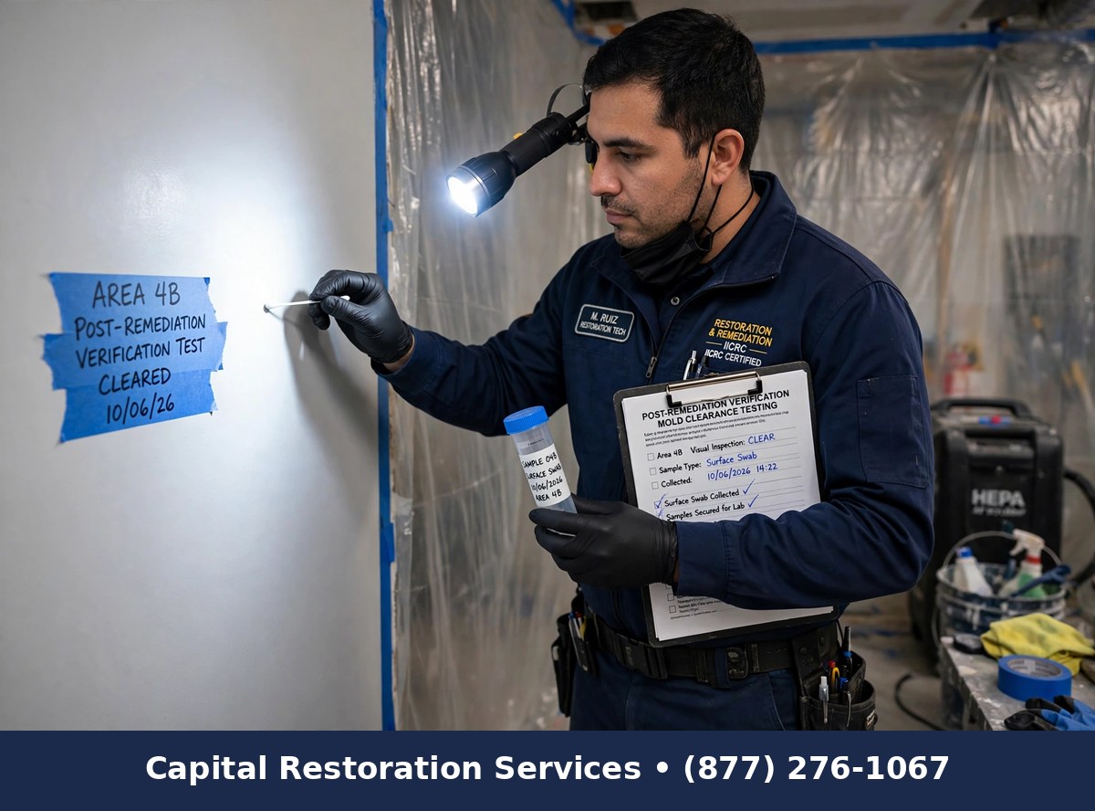 Post-remediation mold verification testing with surface swab, Capital Restoration Services