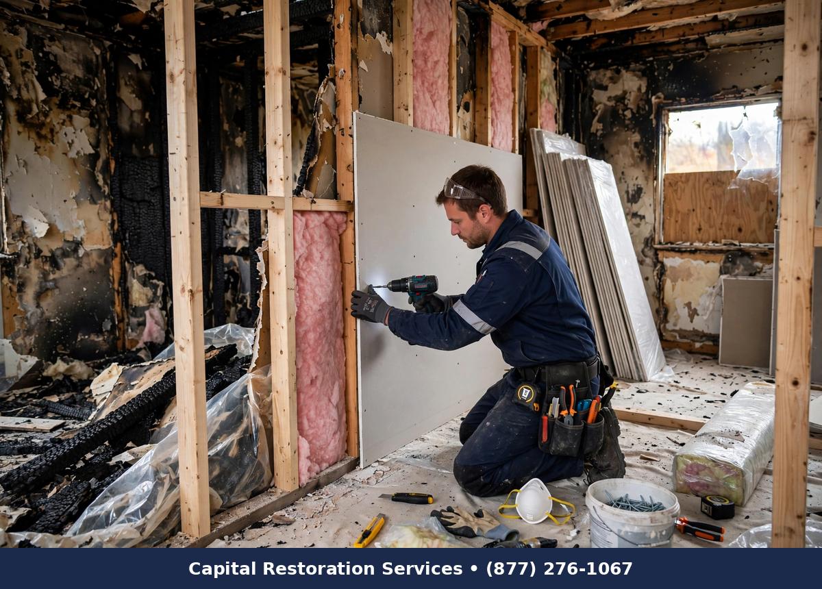 Technician installing new drywall during fire damage reconstruction - Capital Restoration Services fire damage restoration