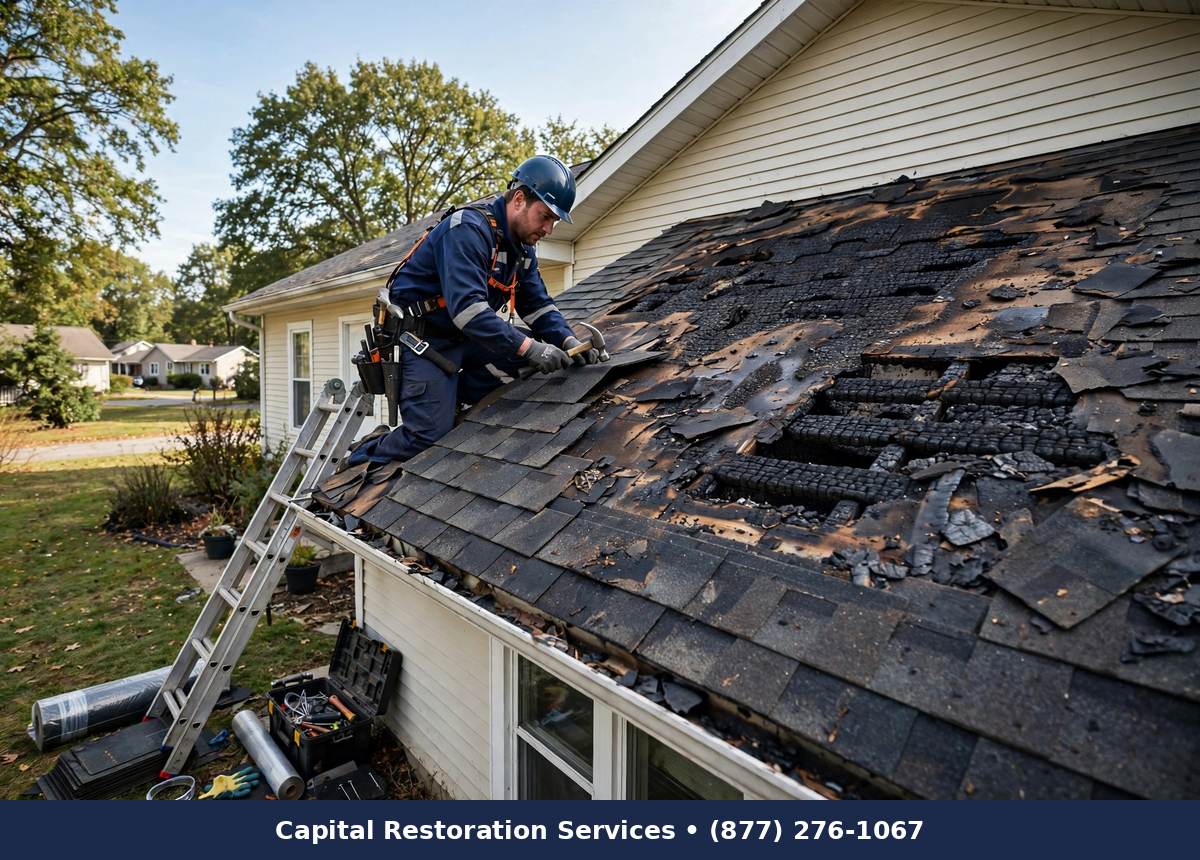 Technician repairing fire-damaged roof shingles on a home - Capital Restoration Services fire damage restoration