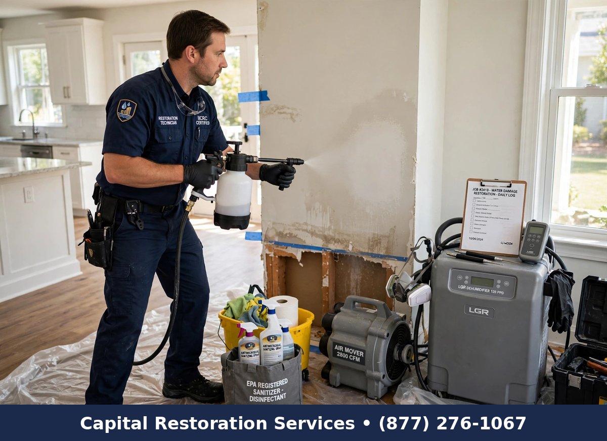 Technician sanitizing home surfaces after water damage | water damage sanitization and disinfection