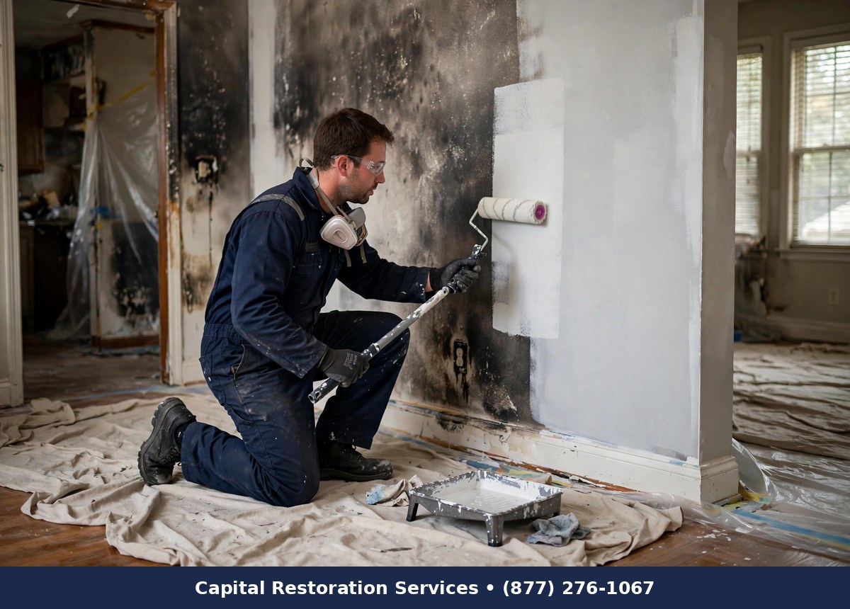 Technician applying odor-sealing primer to a smoke-stained wall - Capital Restoration Services fire damage restoration