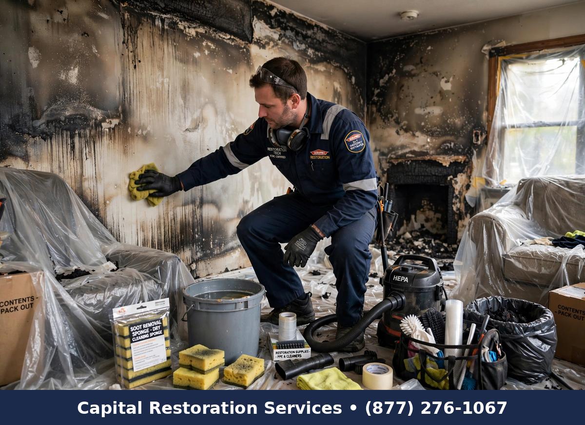 Technician cleaning smoke-damaged walls after fire | smoke damage restoration