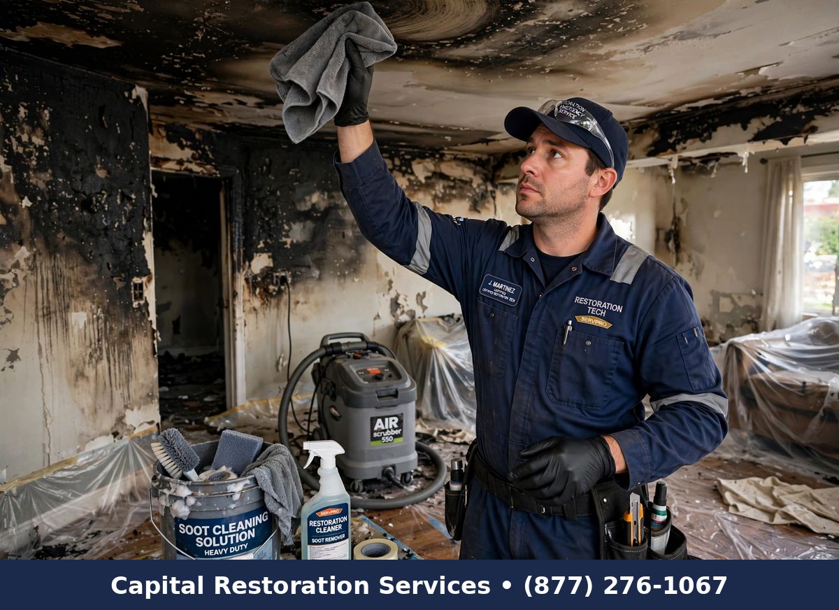 Technician removing soot from walls and ceiling after fire | soot removal services