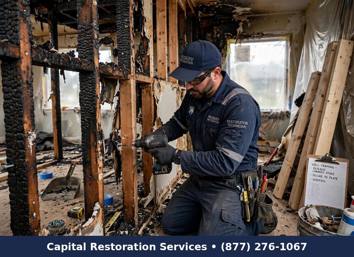 Technician repairing fire-damaged structural framing | structural fire damage repair
