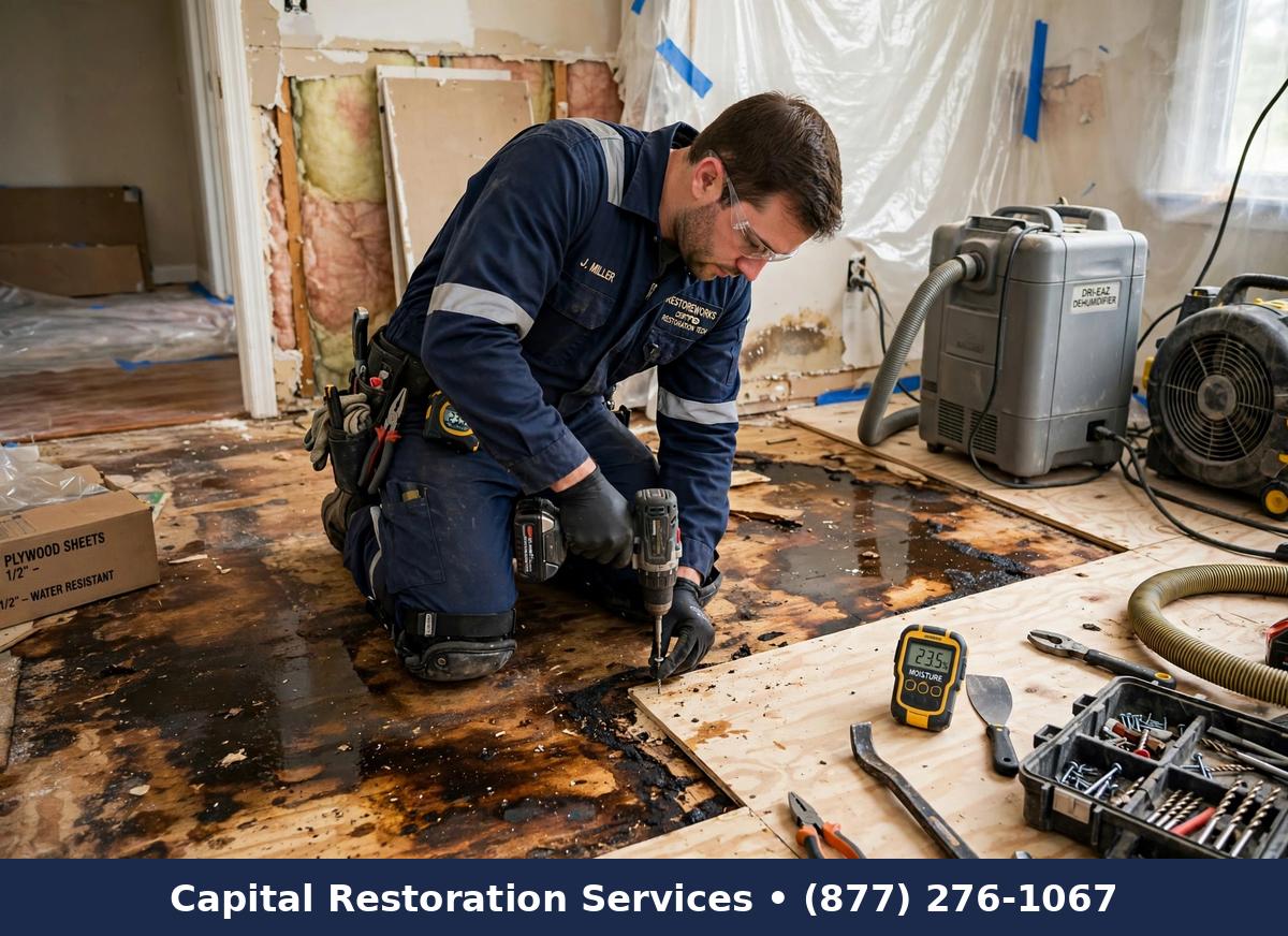 Technician repairing water-damaged subfloor | subfloor water damage repair