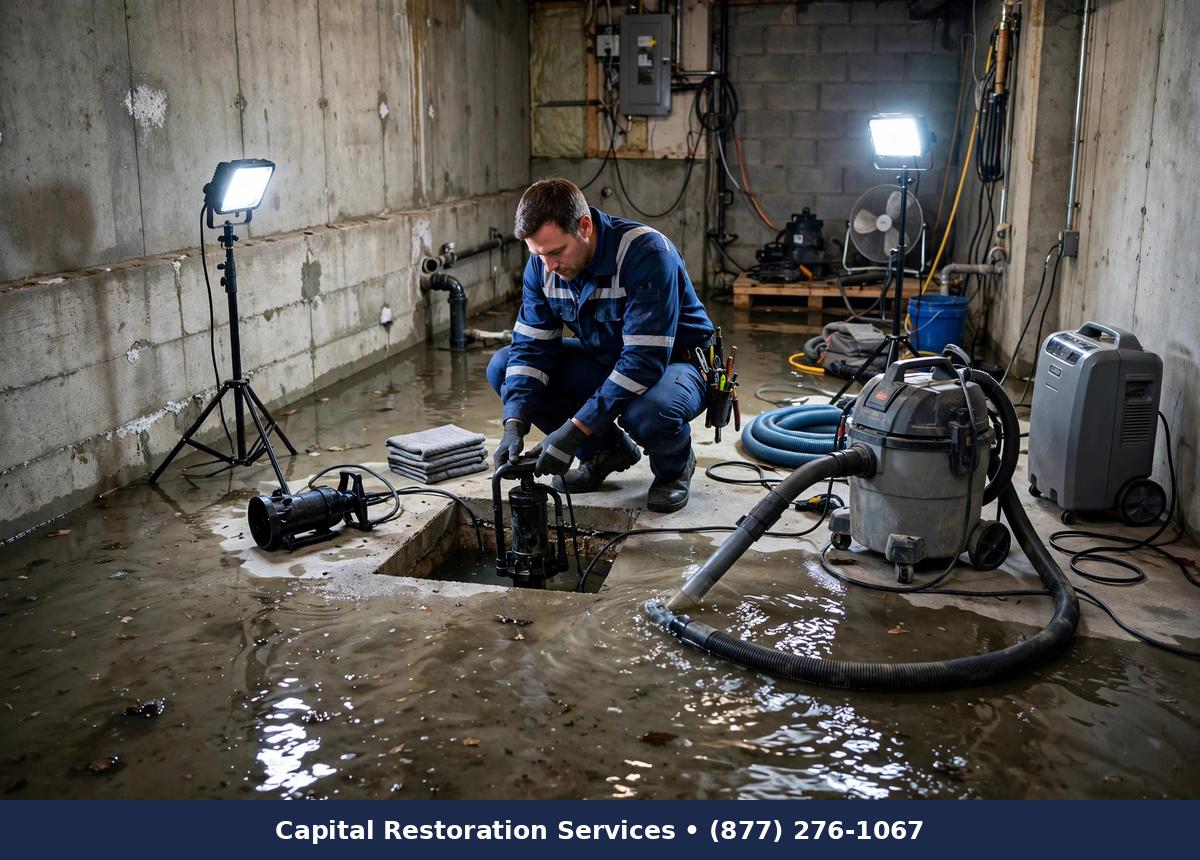 Sump Pump Failure Cleanup — water damage restoration by Capital Restoration Services