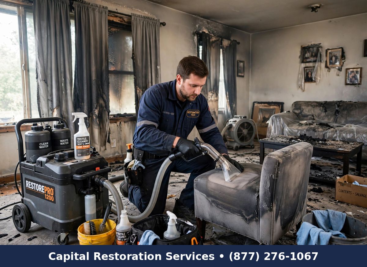 Technician cleaning smoke-damaged upholstery | textile and upholstery smoke cleaning