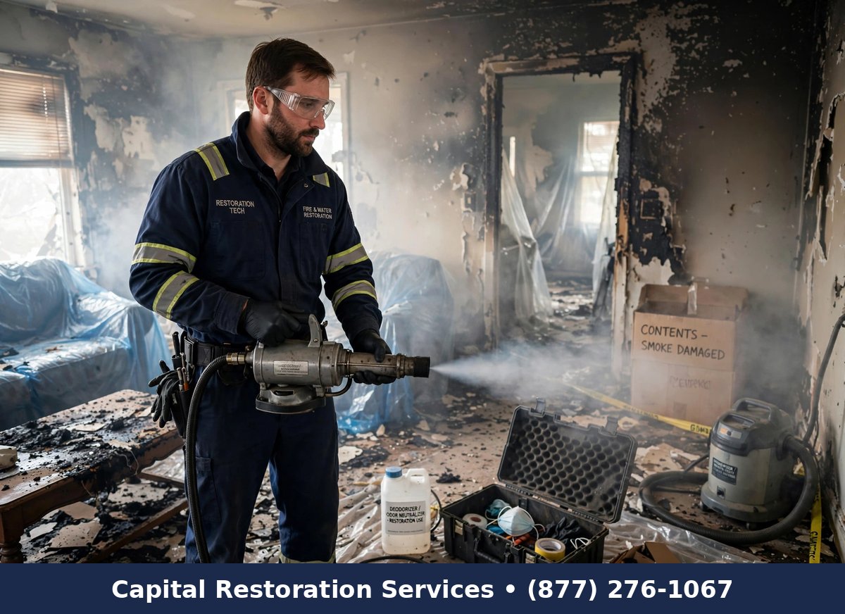 Technician performing thermal fogging deodorization after fire | thermal fogging deodorization