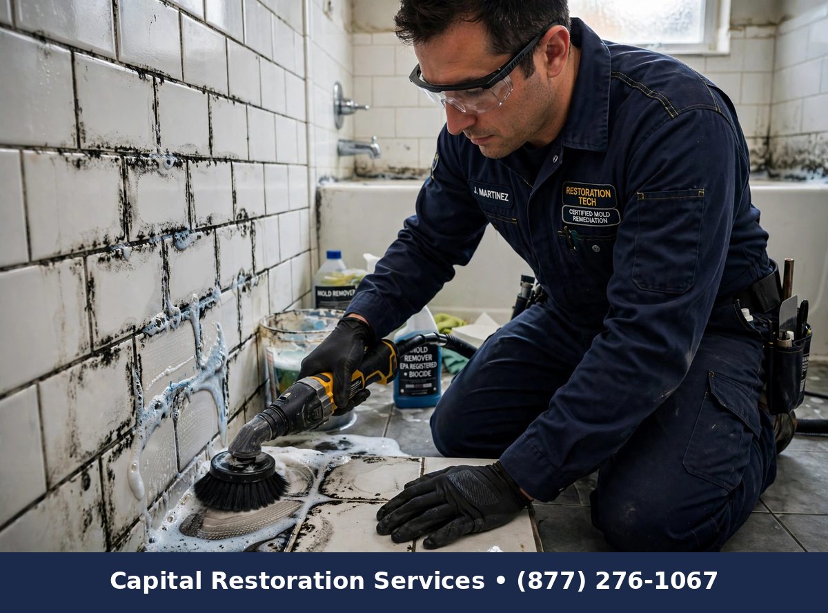 Tile and grout mold removal in bathroom, Capital Restoration Services