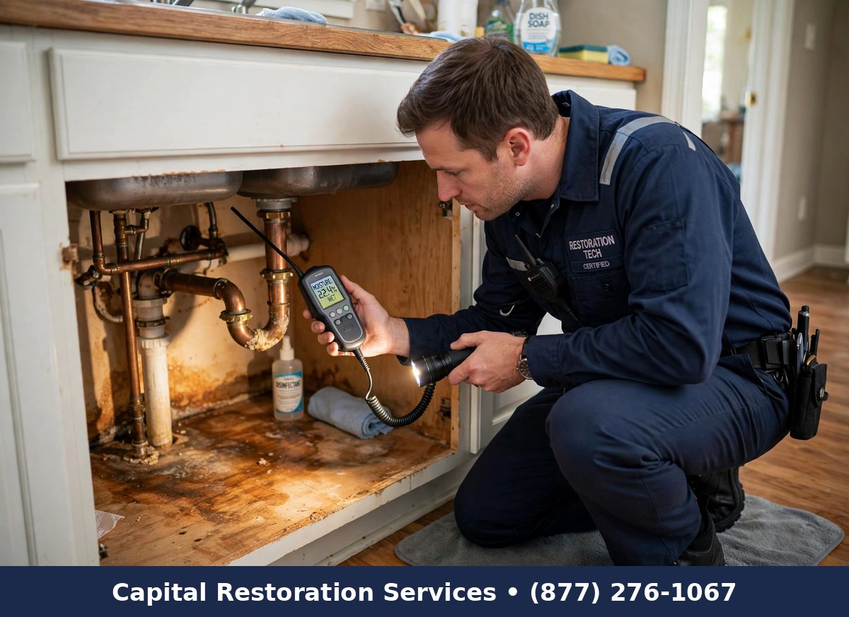 Technician inspecting a home for water damage risks | water damage prevention assessment