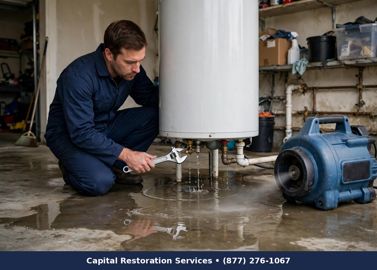 Water Heater Leak Damage Repair — water damage restoration by Capital Restoration Services