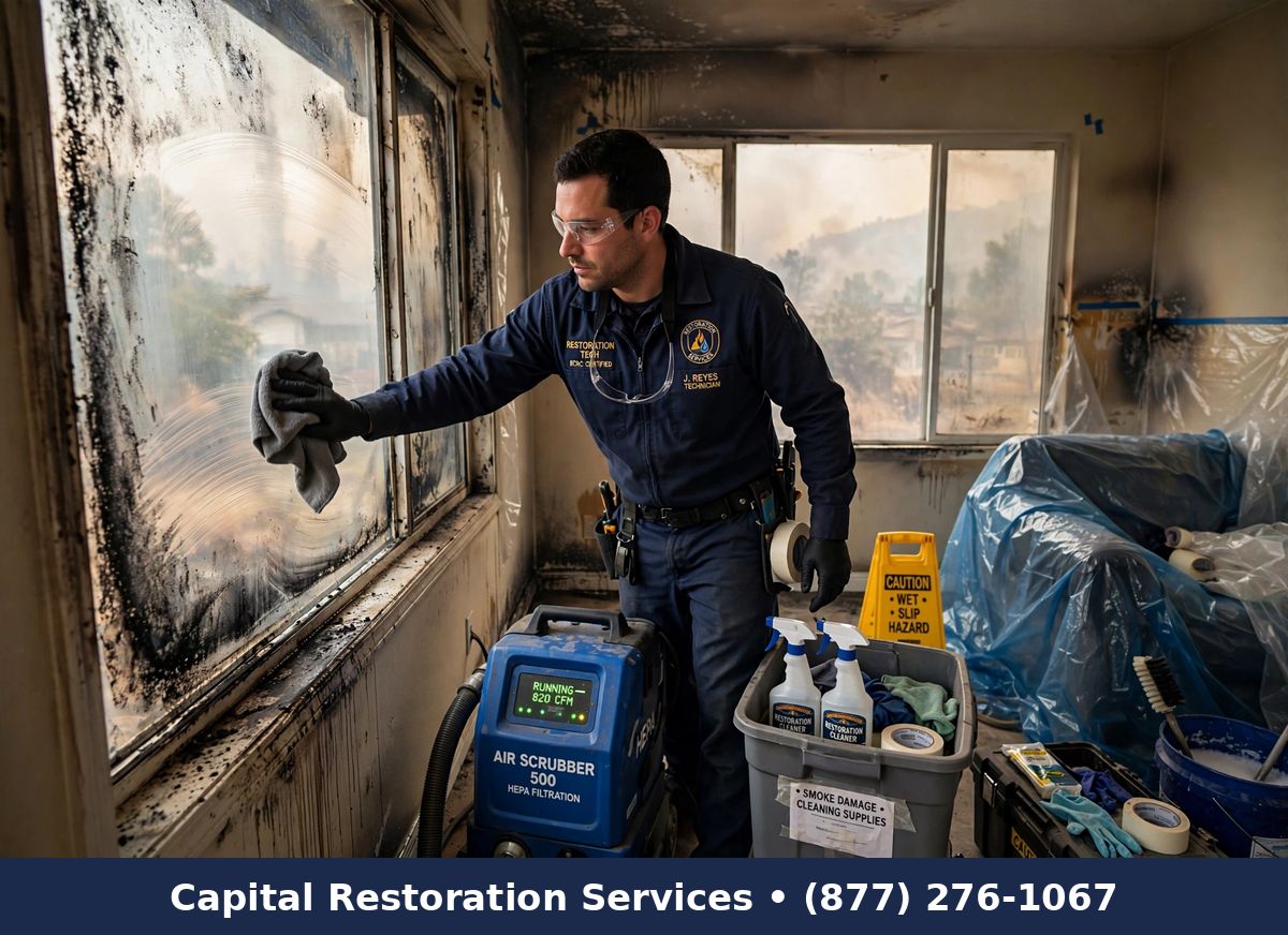 Technician cleaning wildfire smoke damage inside home | wildfire smoke damage restoration