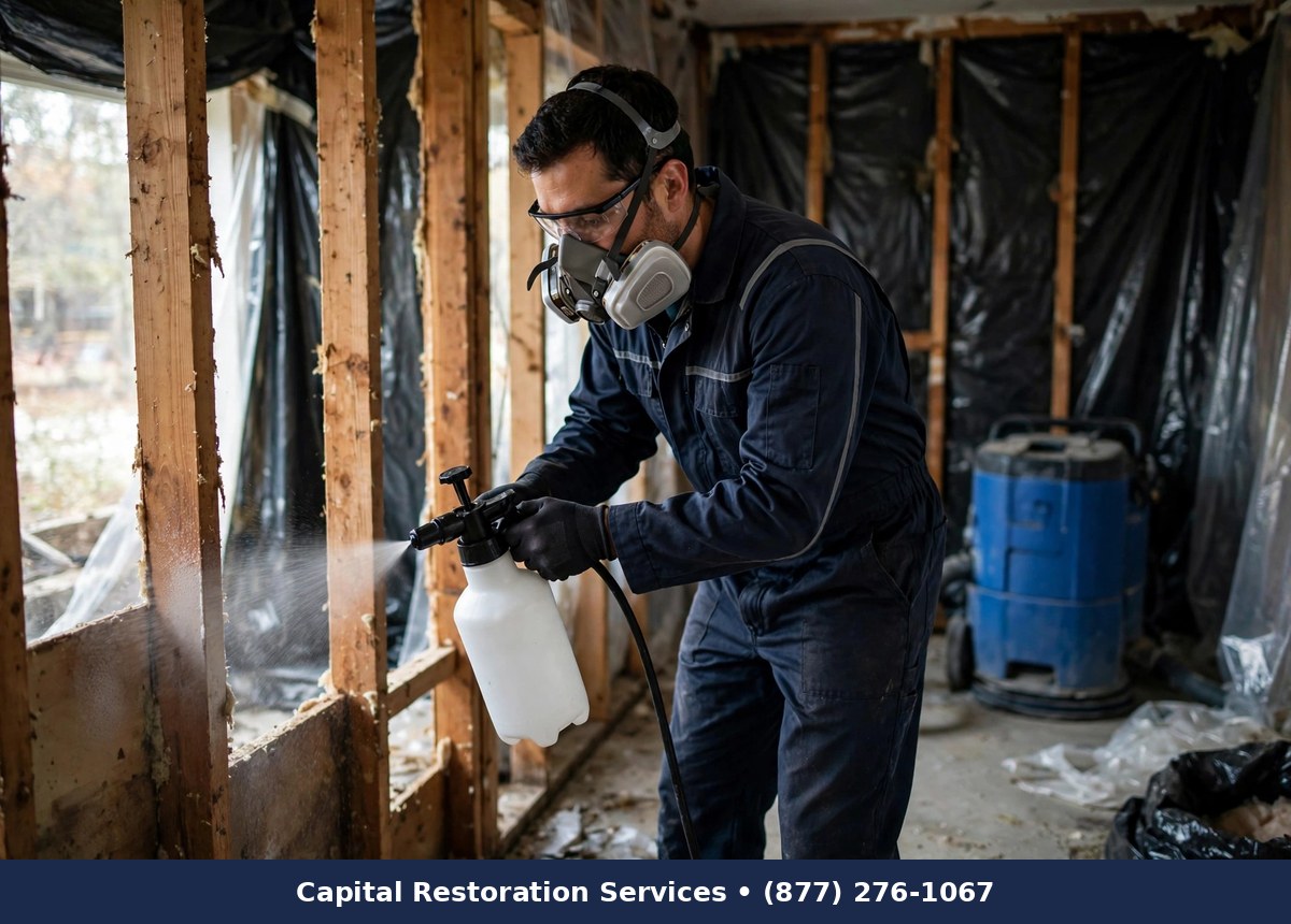 Technician applying antimicrobial treatment to wooden wall framing - Capital Restoration Services mold remediation